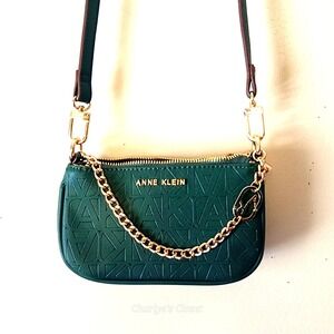 NWOT Anne Klein Mini Bag Green Embossed Logo Gold Chain Strap Crossbody